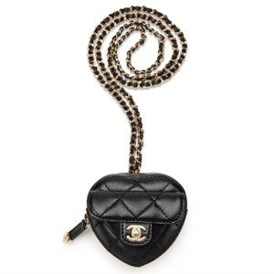 NEW Chanel CC in Love Heart Necklace Mini Bag Coin Purse Black Quilted Lambskin